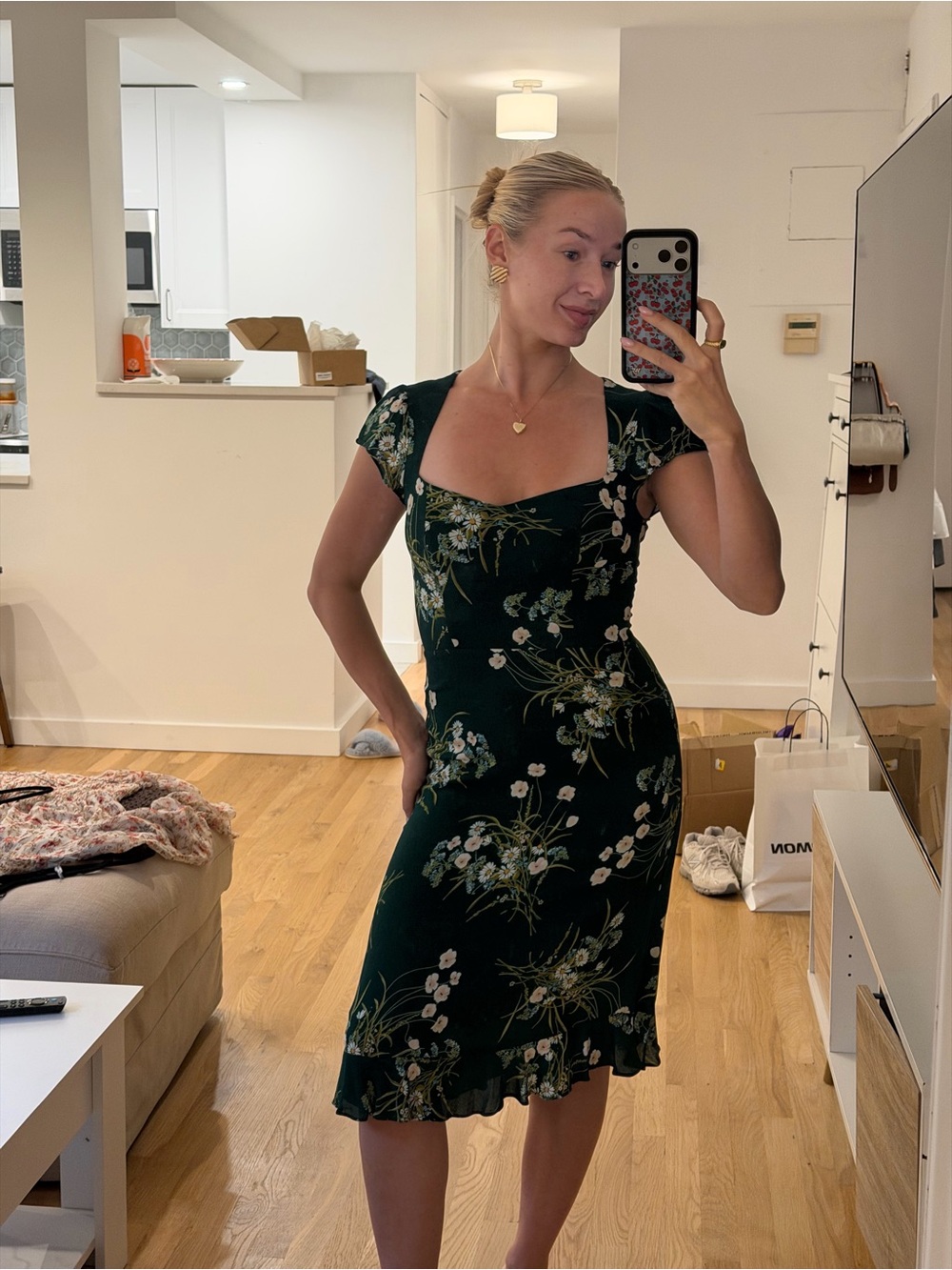 Reformation Green White Floral Open Back Midi Dress